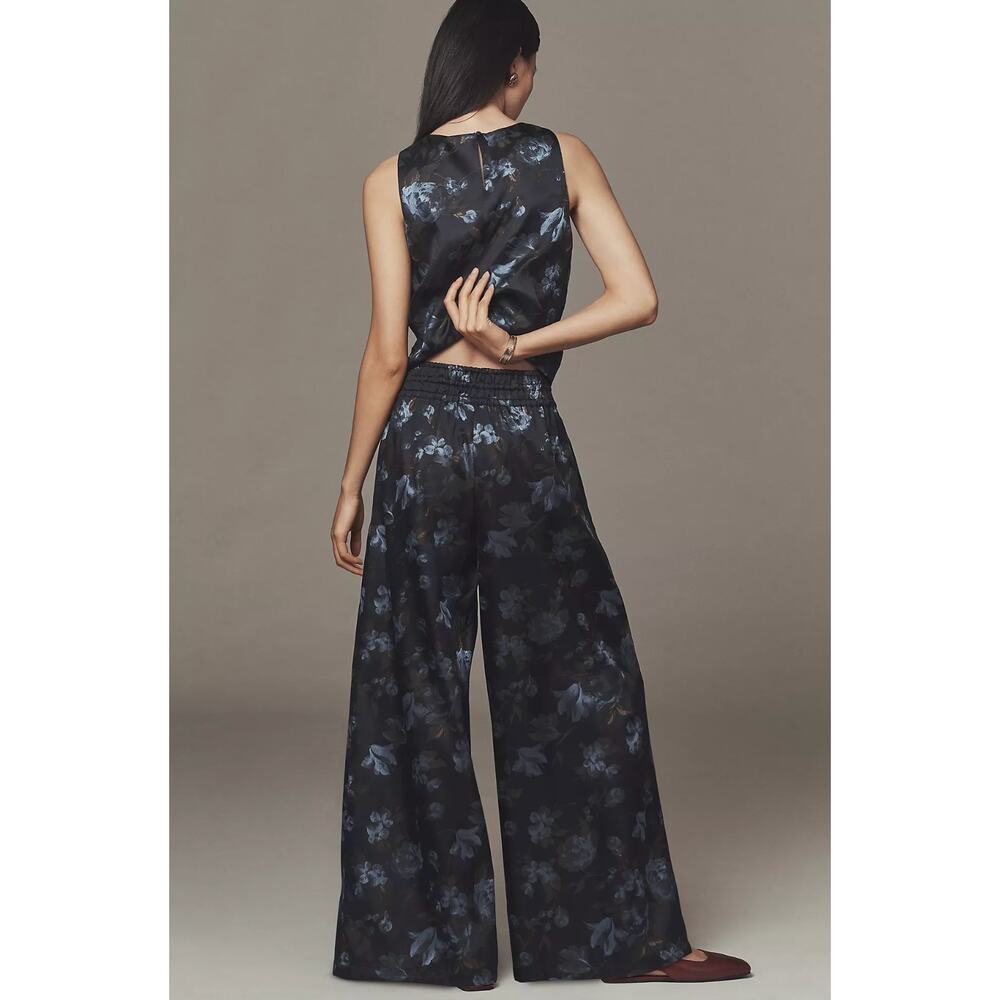Anthropologie Pants L The Somerset Navy Jacquard Floral Pull-On Wide Leg Palazzo - Picture 2 of 10